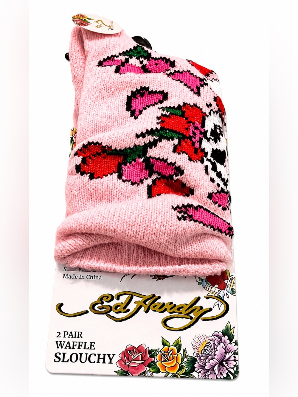 Ed Hardy Pink Skull Rose Waffle Slouchy Socks 2 Pair NWT Y2K